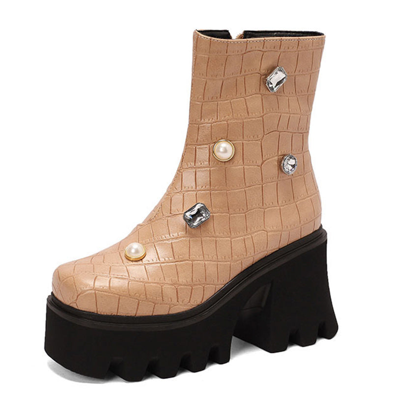 Rhinestone Thick Bottom Boots - British Style