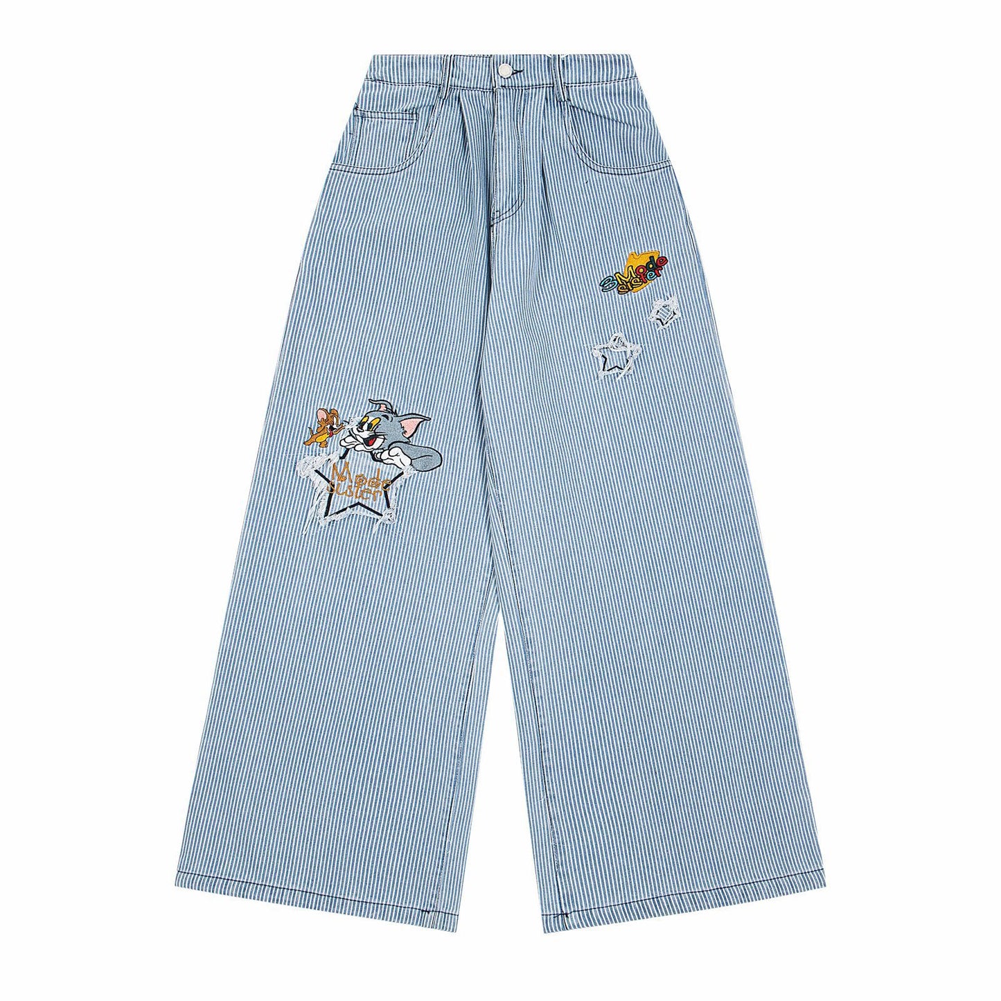 Playful Striped Embroidered Straight Leg Jeans