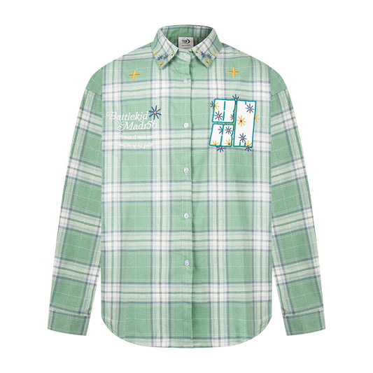 Harajuku Style Block Stripe Patchwork Embroidered Plaid Shirt