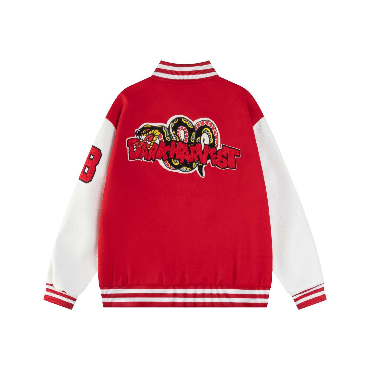 Unisex Collage Color Leather Snake Letter Bomber Jacket