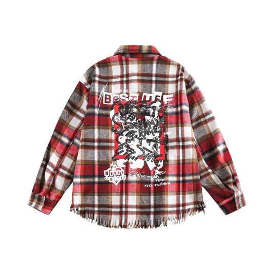Harajuku Style Tassel Plaid Graffiti Long Sleeve Shirt