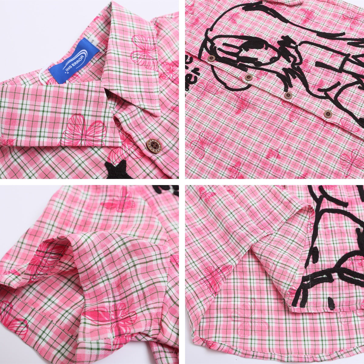 Playful Embroidered Checkered Short Sleeve Shirt for Women