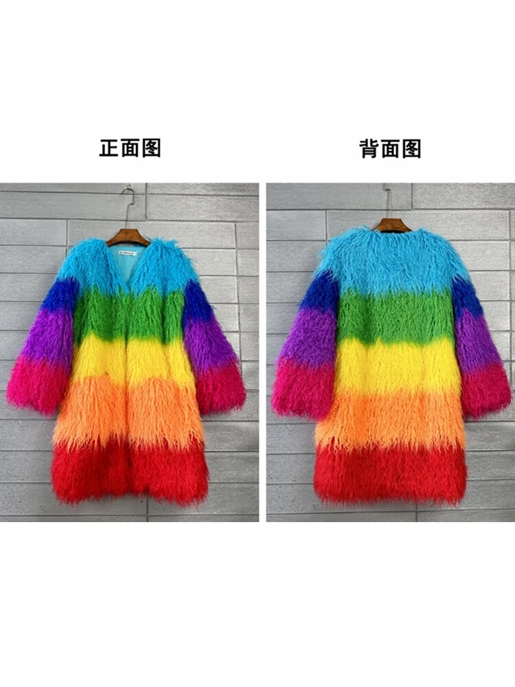 Niche Rainbow Faux Fur Coat - Harajuku Style Outerwear