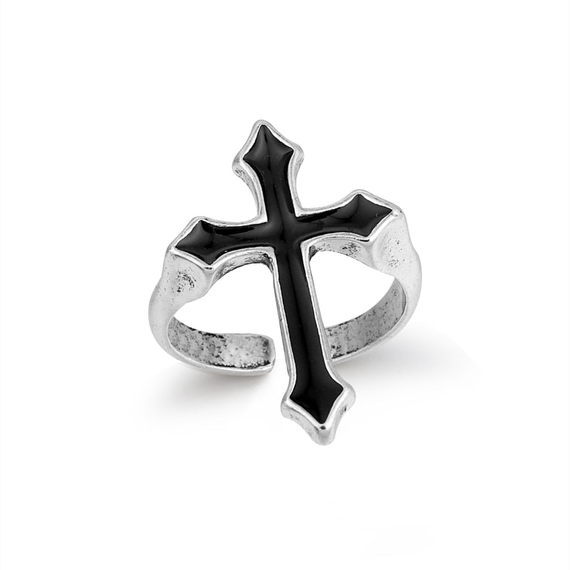 Vintage Black Gothic Cross Open Ring - Harajuku Style Jewelry