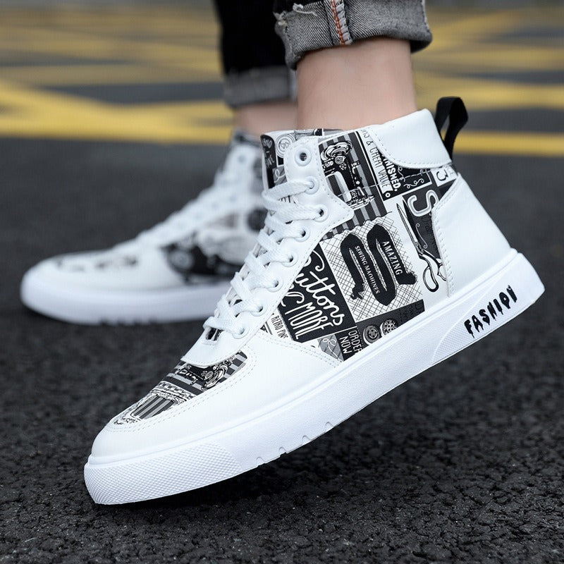 Trendy Harajuku Style Men's High Top Shoes - Graffiti Design