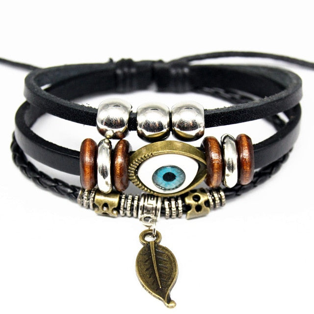 Punk Leather Lucky Spade Poker Charm Bracelet for Men