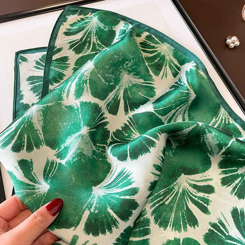 Green Leaves Silk Square Scarf - Harajuku Style