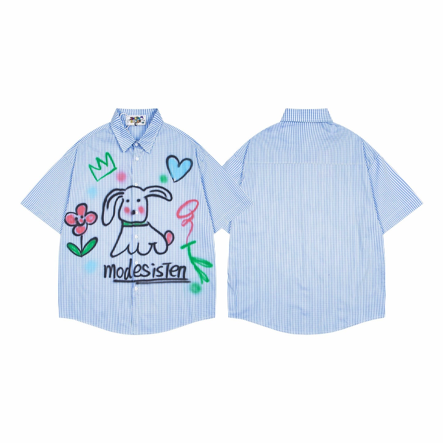 Retro Fun Dog Graffiti Print Stripe Short Sleeve Shirt Men Loose Casual Couple Summer Shirt