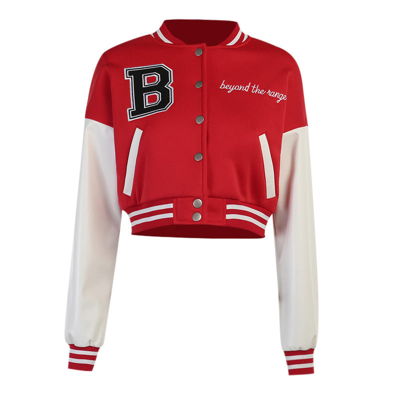 Harajuku Color Block Print Leather Sleeve Baseball Jacket