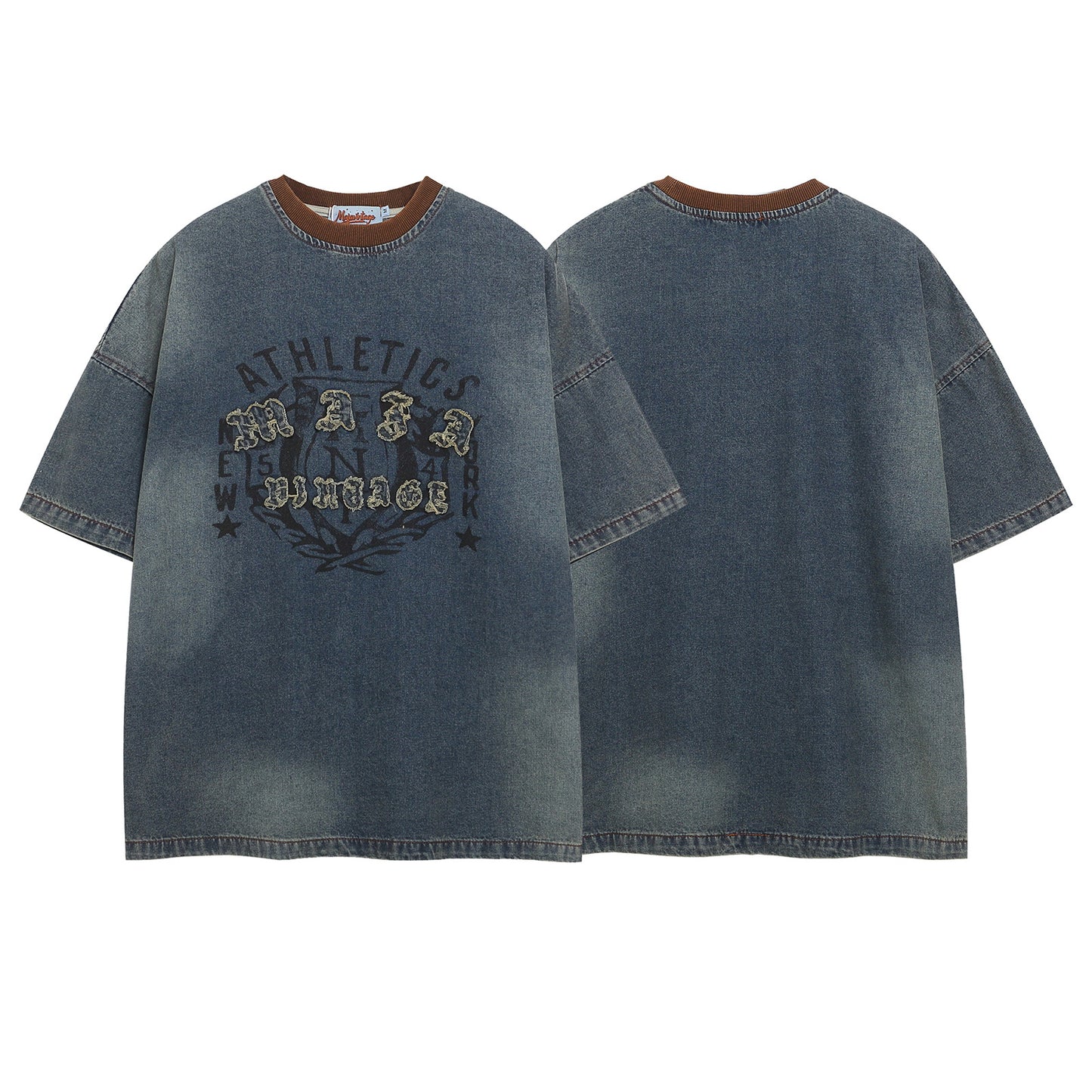 Color Block Washed Patch Embroidery Denim T-Shirt