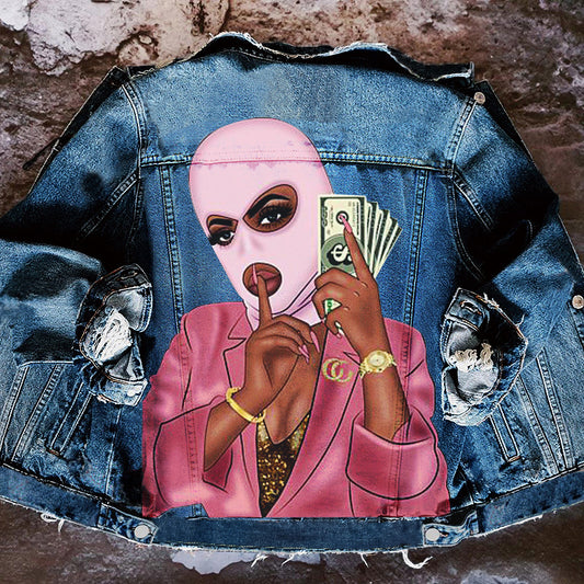 Harajuku Style Denim Jacket with Tongue Out Print