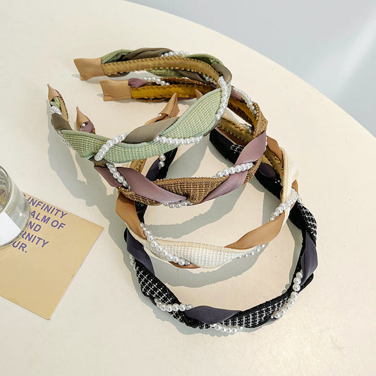 Senior Knitting Cross Twist Pearl High Skull Top Headband