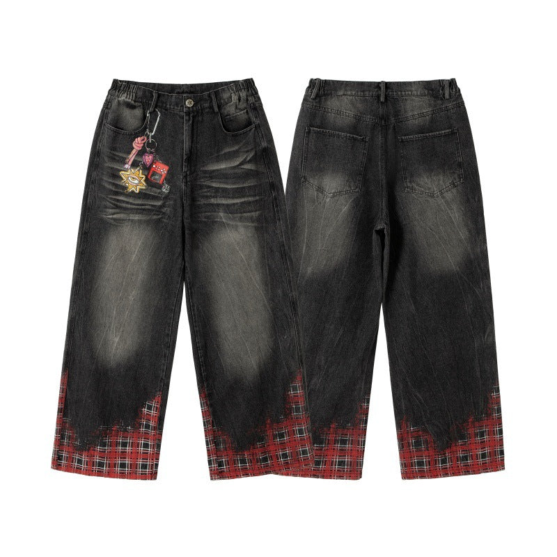 Hanging Chain Plaid Printed Wide Leg Denim Pants