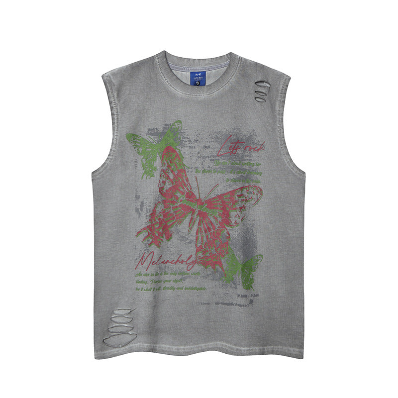 Streetwear Distressed Butterfly Print Tank Top