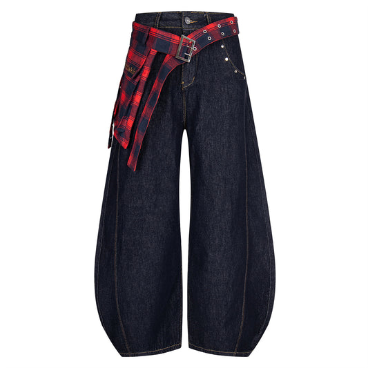 Checkered Patchwork Denim Wide Leg Pants