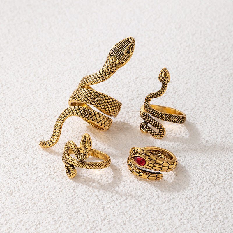 Playful Ruby Inlaid Snake Ring Set - Ancient Gold