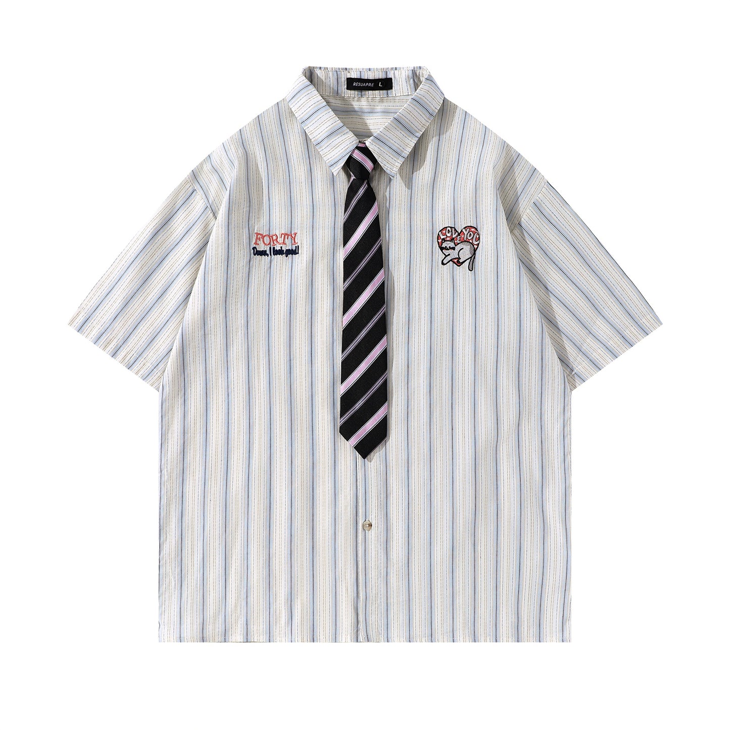 Retro Heart Cat Embroidery Casual Shirt