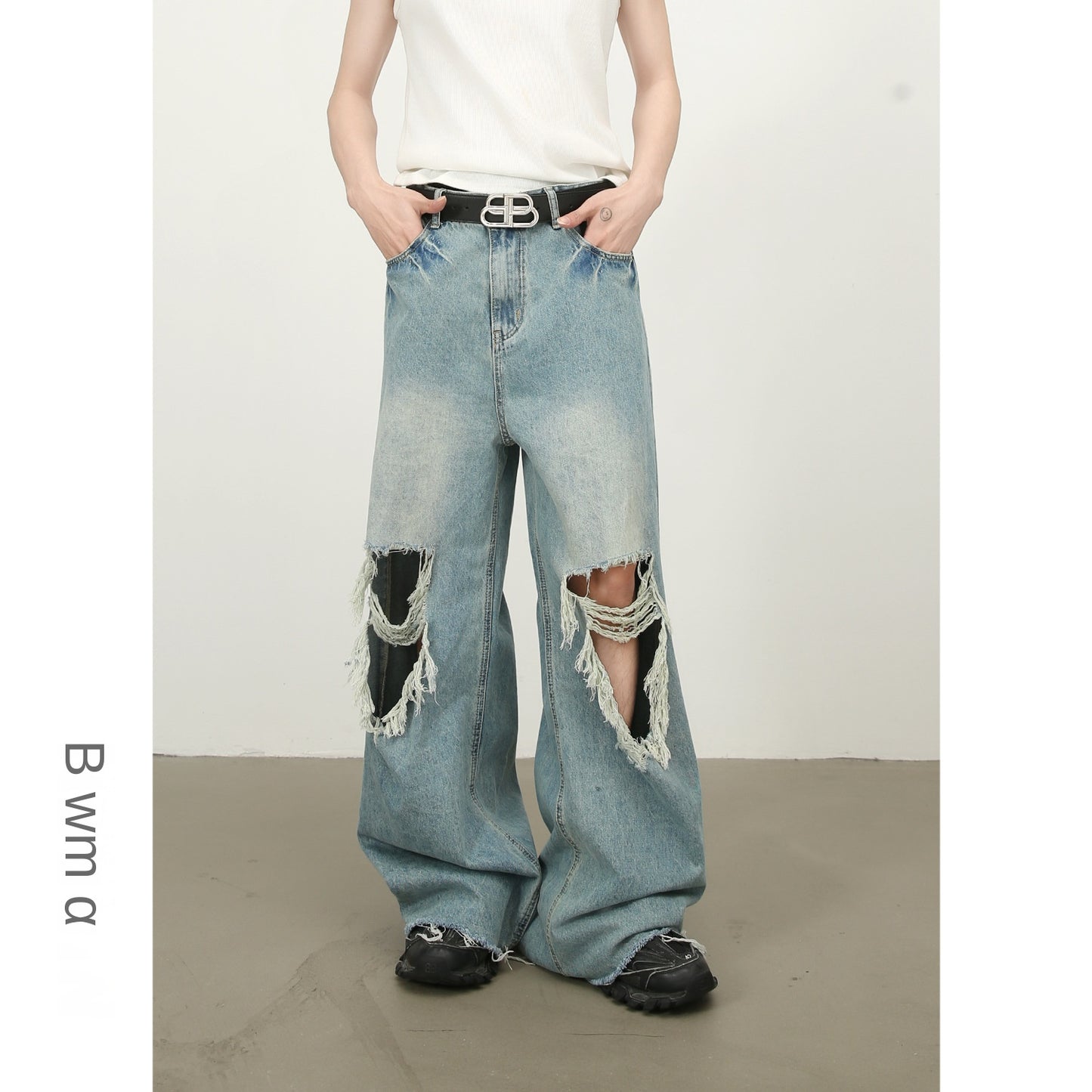 Harajuku Style Distressed Fringe Wide Leg Jeans for Men