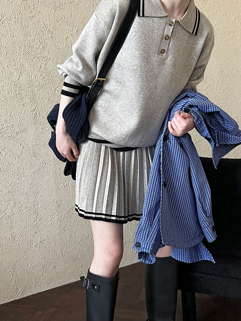 Playful Polo Collar Hoodie & Pleated Skirt Set