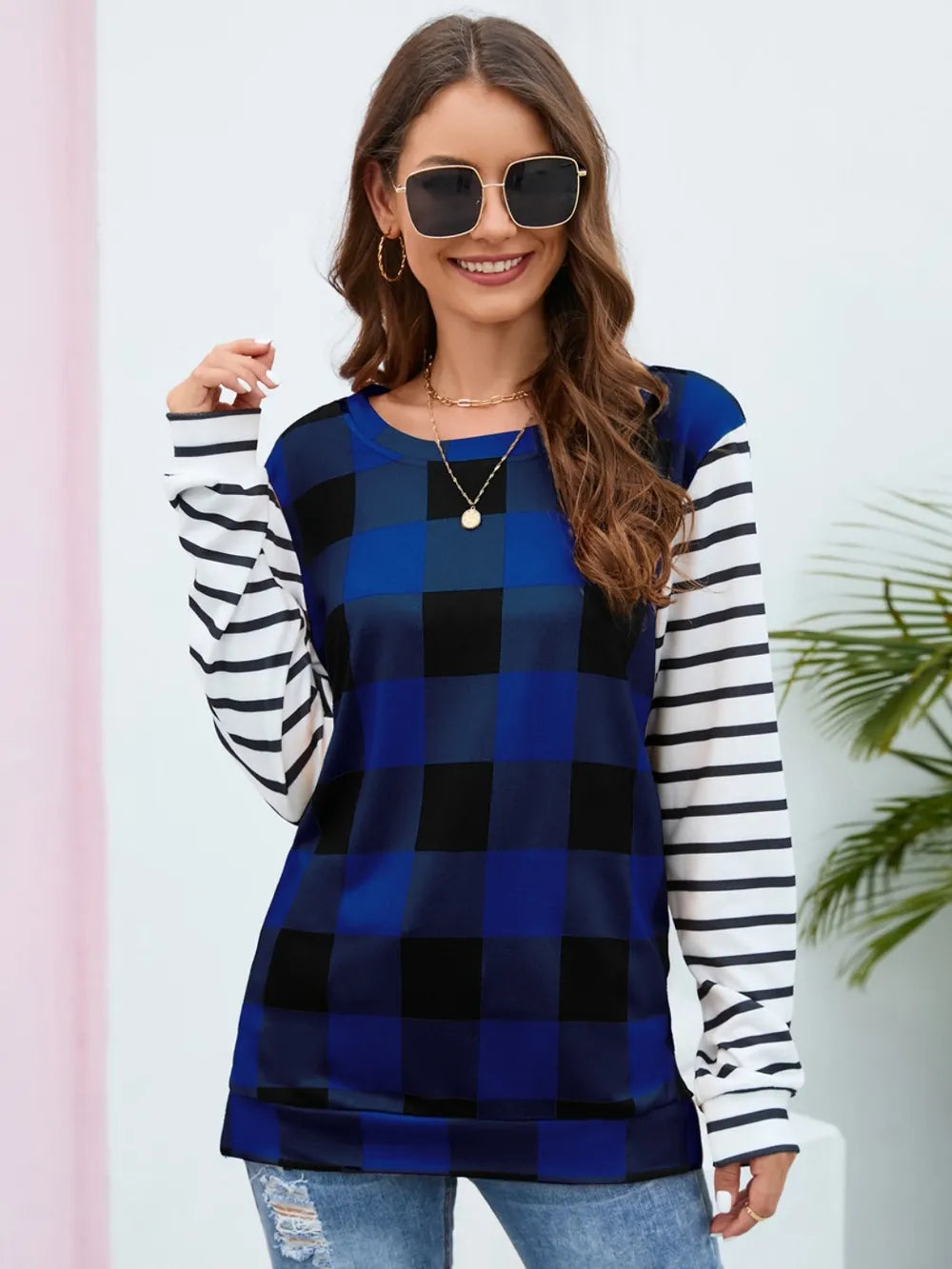 Harajuku Style Plaid Striped Round Neck Long Sleeve T-Shirt