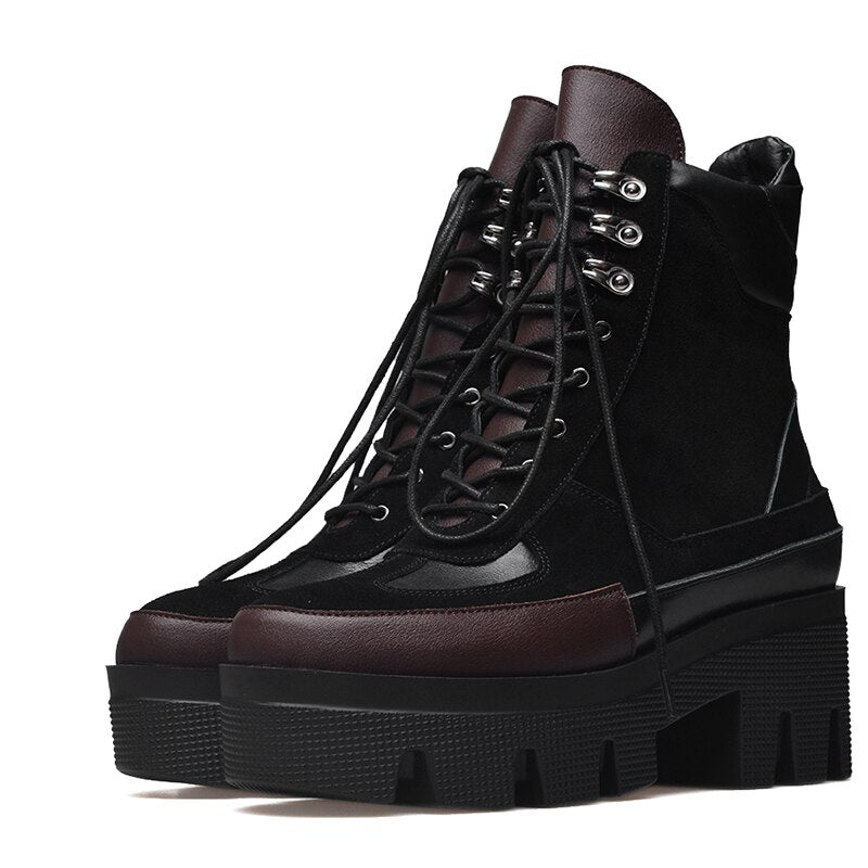 Chunky Platform Cow Leather Ankle Boots for Women