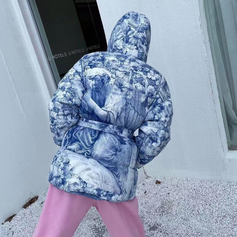 Thickened Warm Cotton Coat with Portrait Print