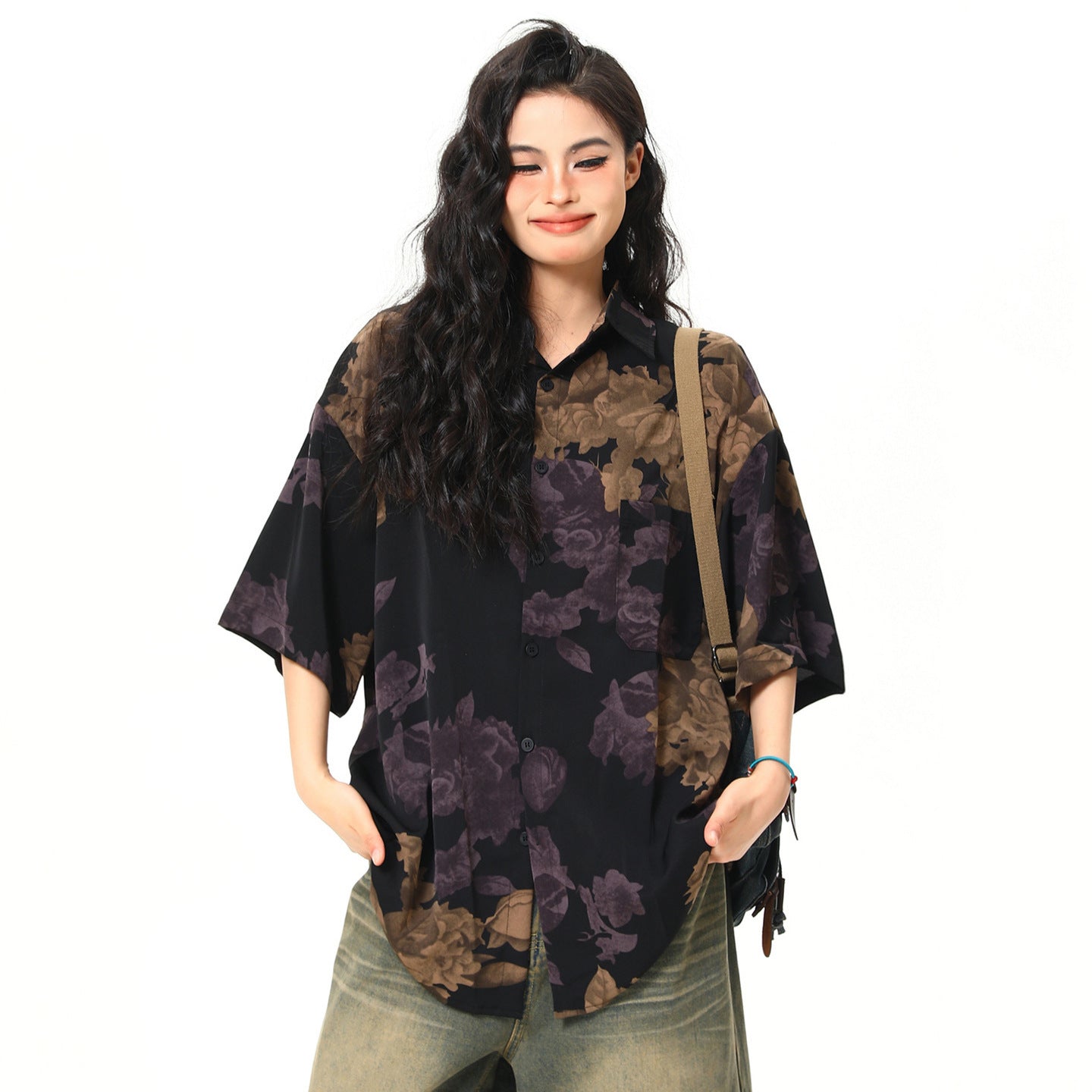 Retro Floral Short Sleeved Shirt for Women