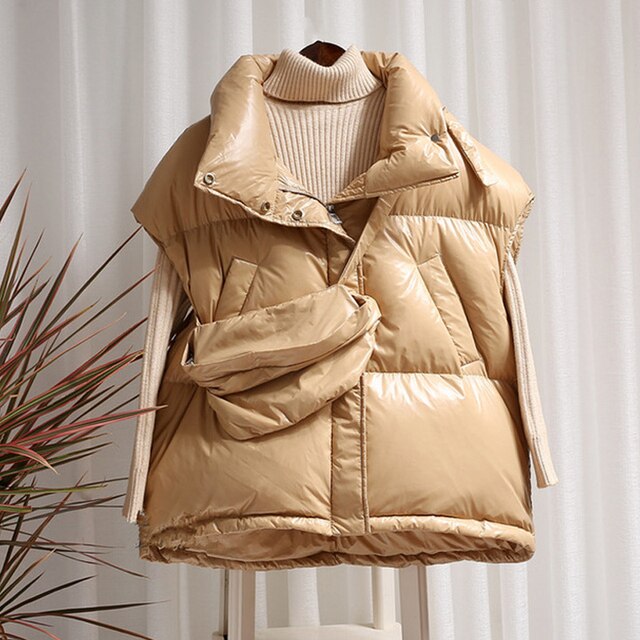Harajuku Style Women's White Duck Down Coat with Waist Bag