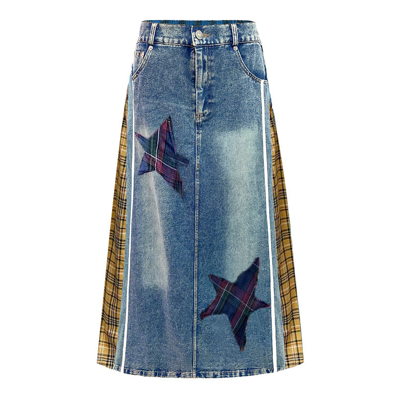 Retro Plaid High Waisted Denim Skirt - Harajuku Style