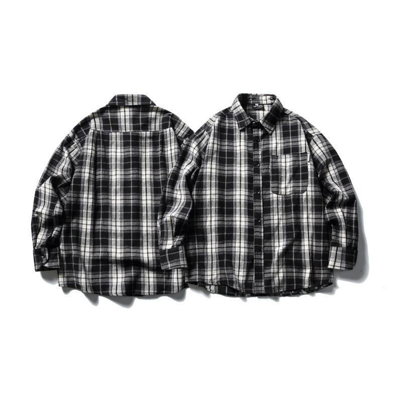 Harajuku Style Men's Loose Shirt with Plaid Collar