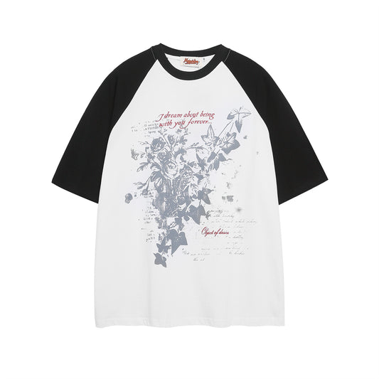 Colorblock Floral Letter Print T-Shirt