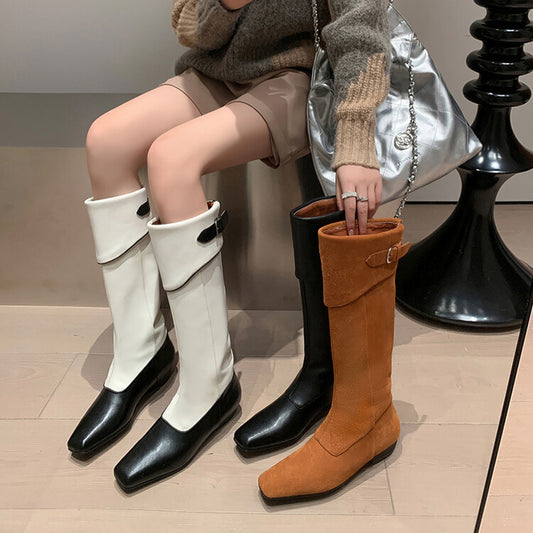 Harajuku Style Genuine Leather Low Square Heels Boots