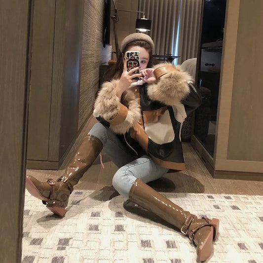 Women's Vintage Faux Leather Color Block Jacket