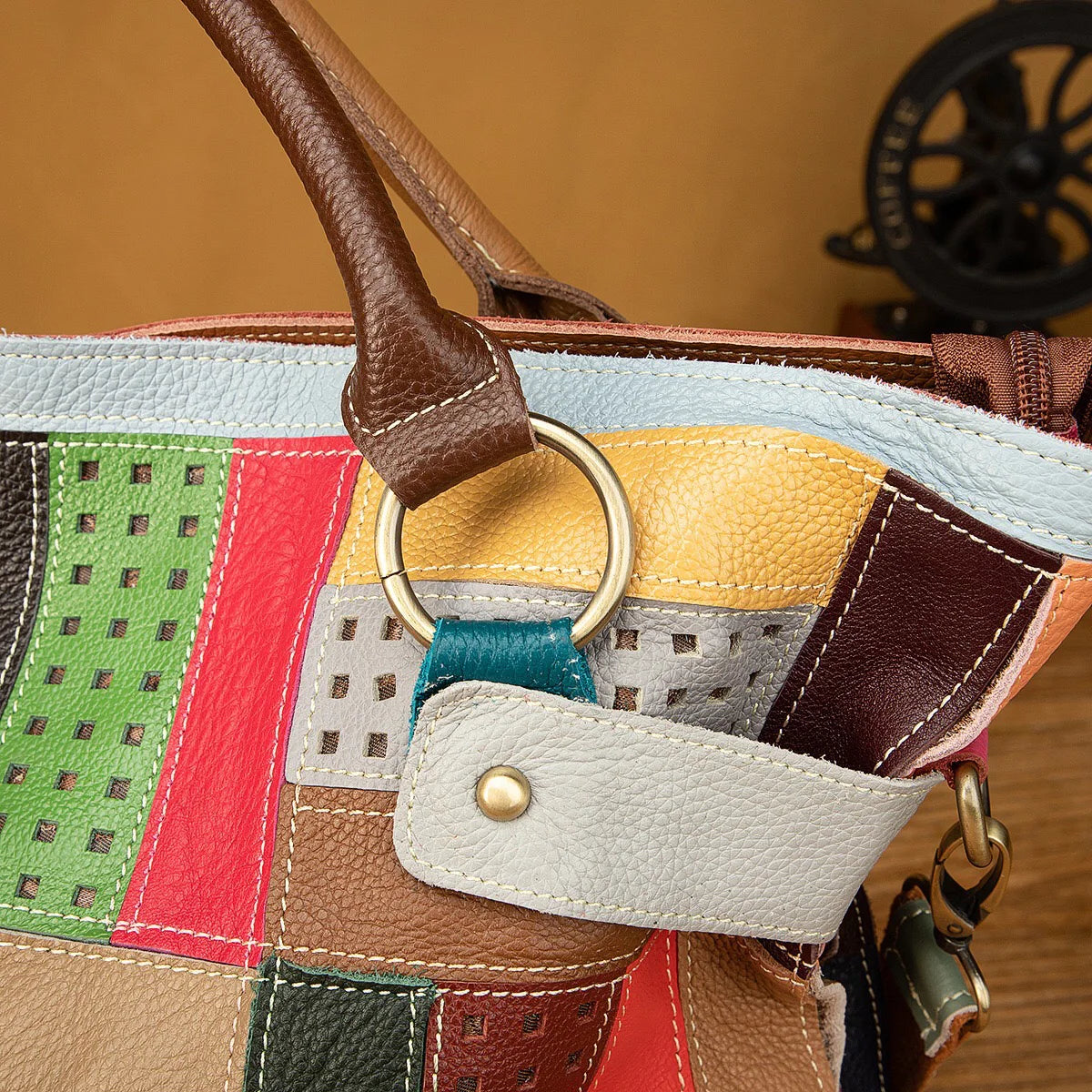 Geometric Pattern Leather Handbag - Harajuku Style