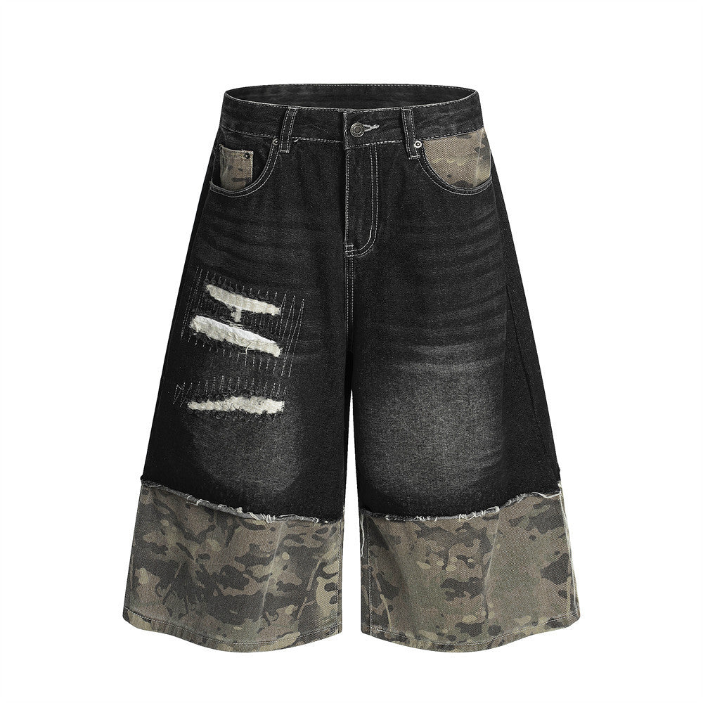 Harajuku Style Distressed Camouflage Wide-Leg Denim Shorts