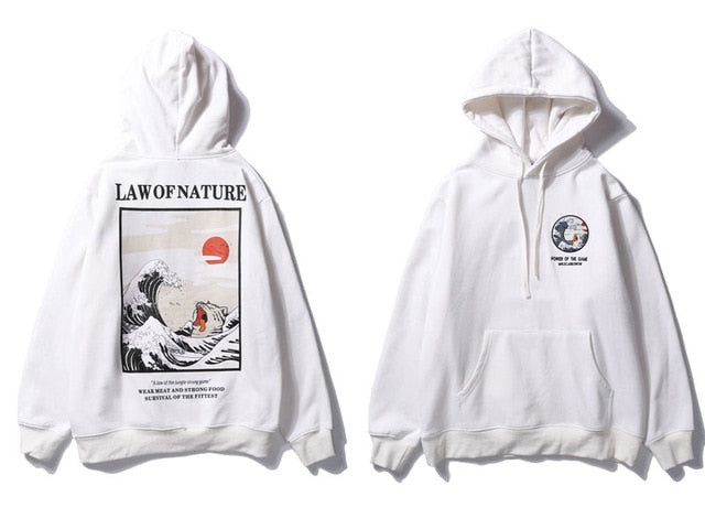 Funny Cat Wave Printed Fleece Hoodie - Harajuku Style