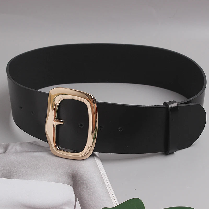 Luxury Wide Cowhide Waist Belt for Women - Black Adjustable Corset