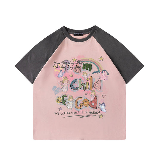 Rainbow Angel Printed Short Sleeve T-Shirt — Harajuku Street Style Loose Fit