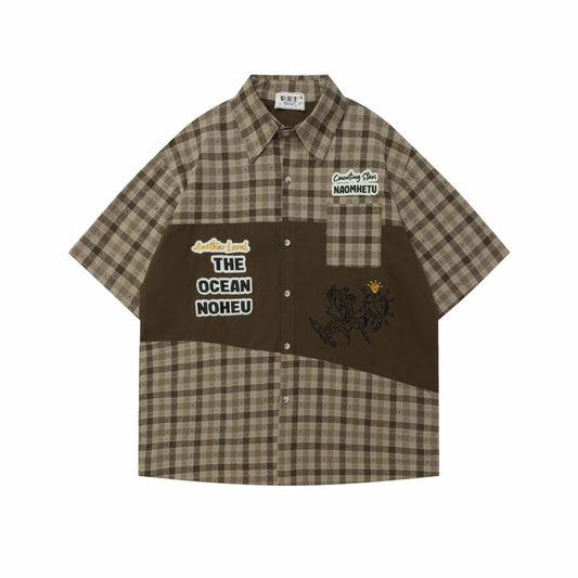 Color Block Cartoon Letter Embroidery Short Sleeve Shirt