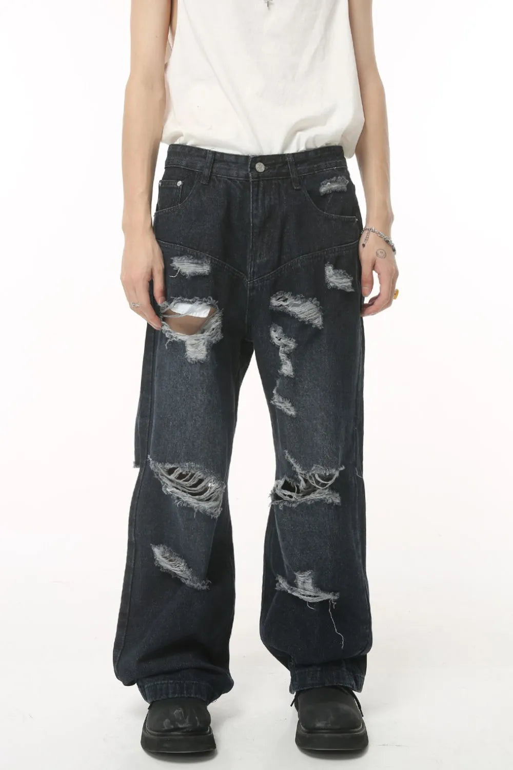 Distressed Wide Leg Pocketed Men's Jeans - Harajuku Style