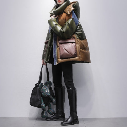 Harajuku Style Contrasting Color Denim Stitching Down Jacket