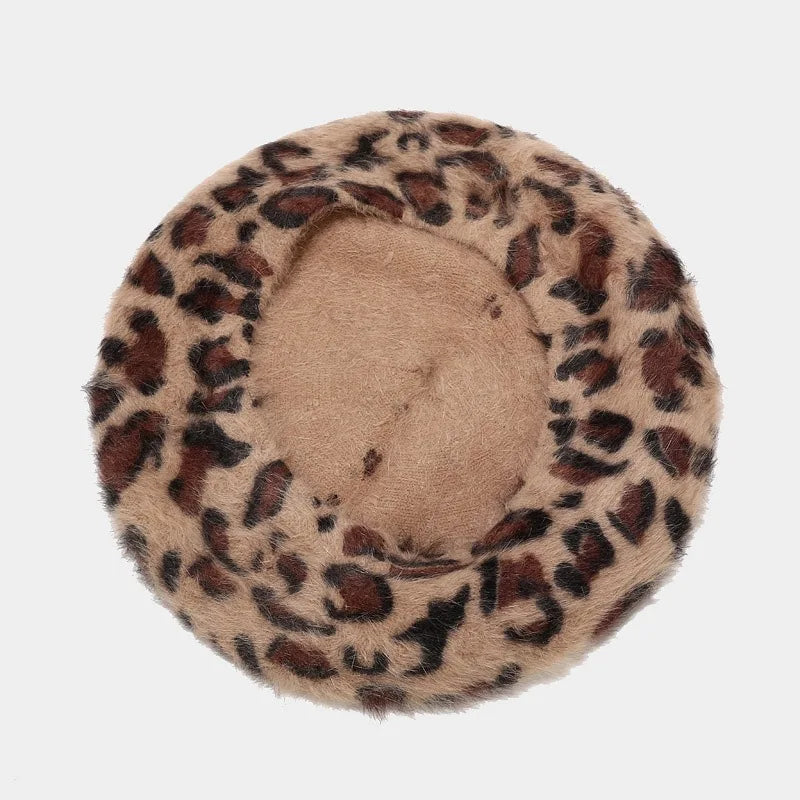 Leopard Print Rabbit Fur Beret - Playful Harajuku Hat