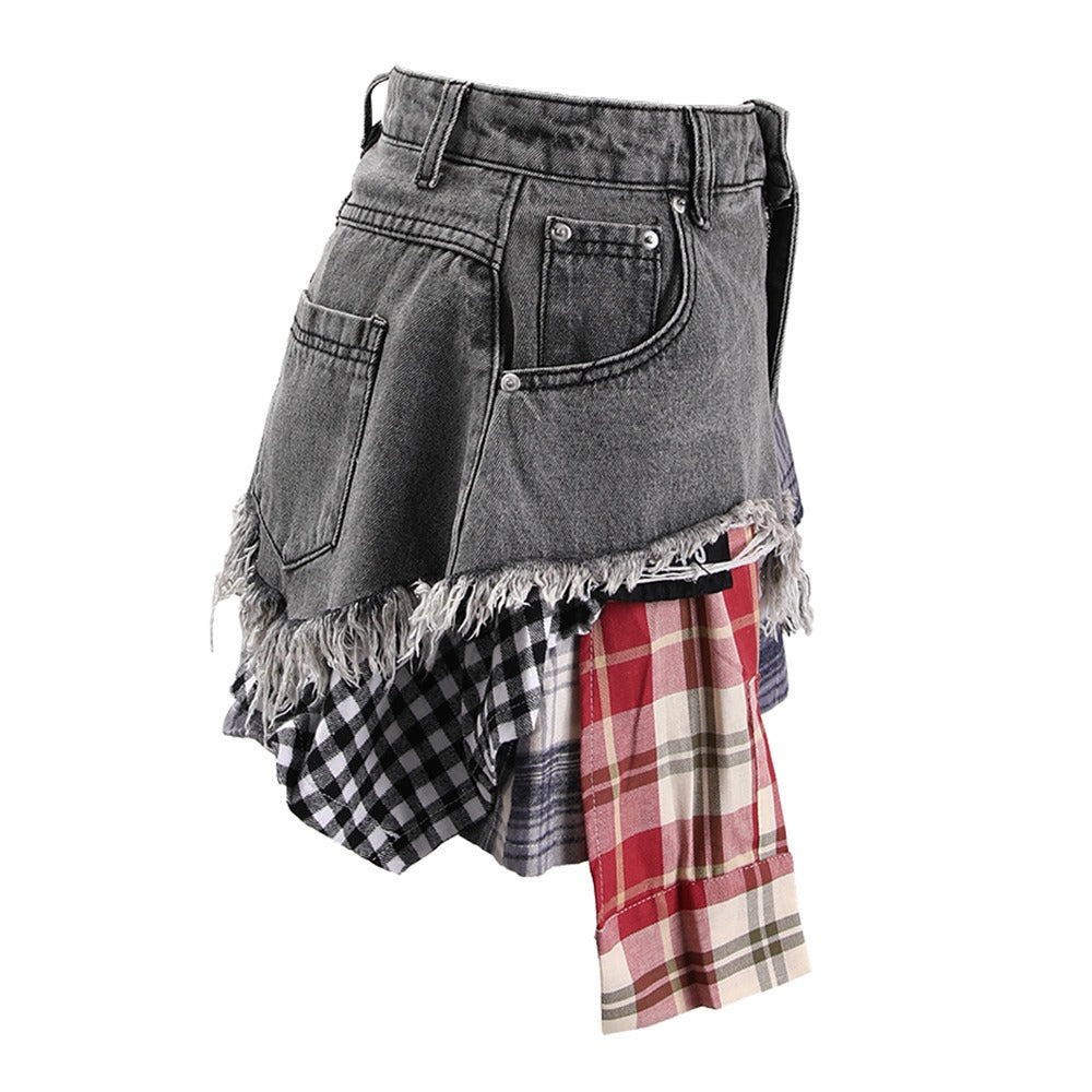 Harajuku Style Irregular Plaid Denim Skirt for Women