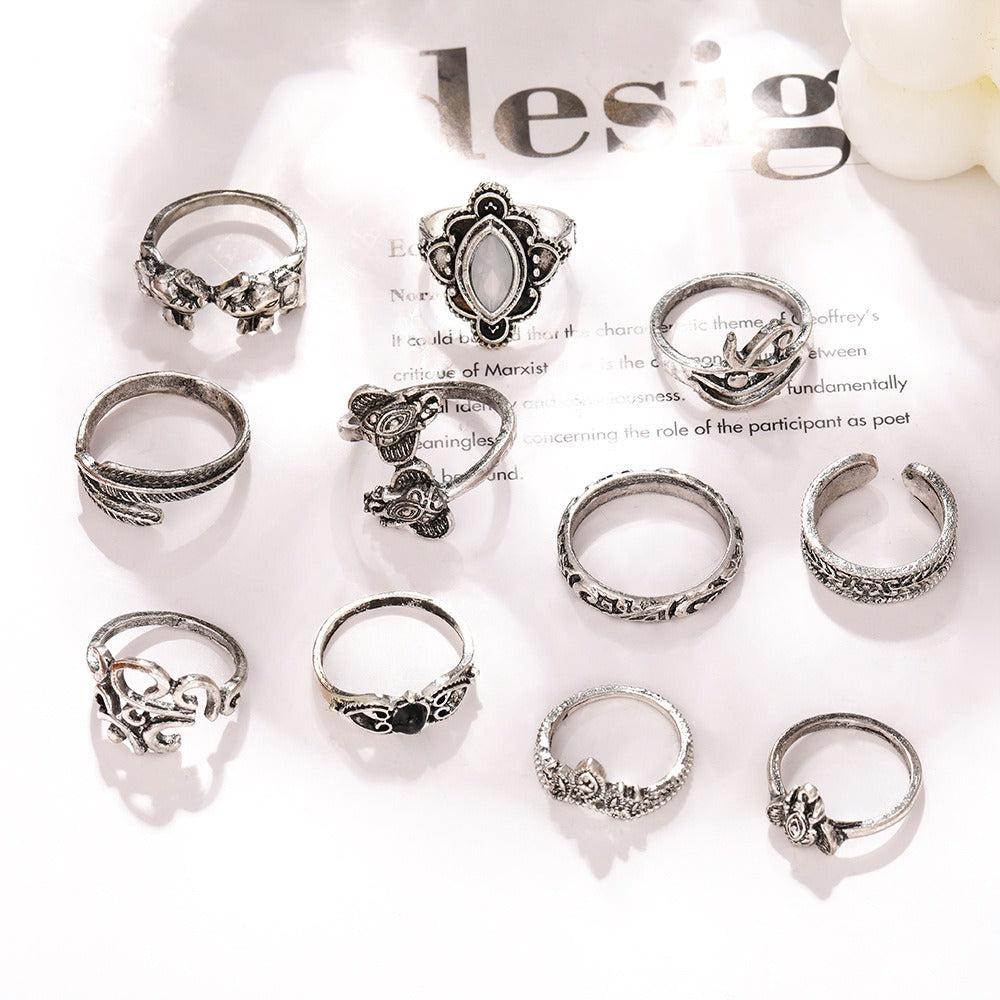 Retro Vintage Feather Elephant Joint Ring Set - 11 Piece Bracelet Collection