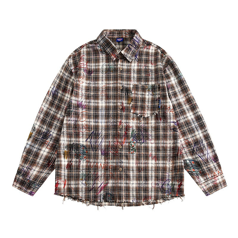 Harajuku Watercolor Graffiti Plaid Long Sleeved Shirt