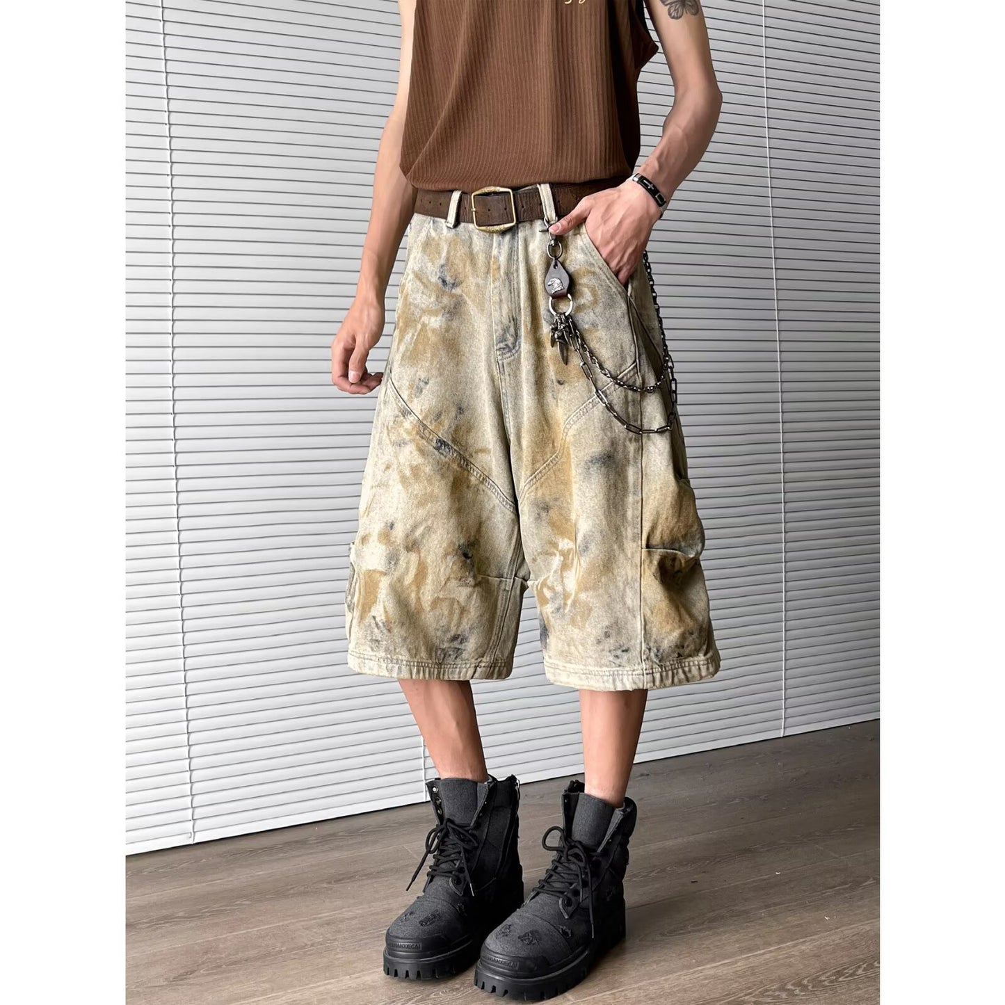 Wash Dirty Dyed Denim Wide Leg Cropped Pants