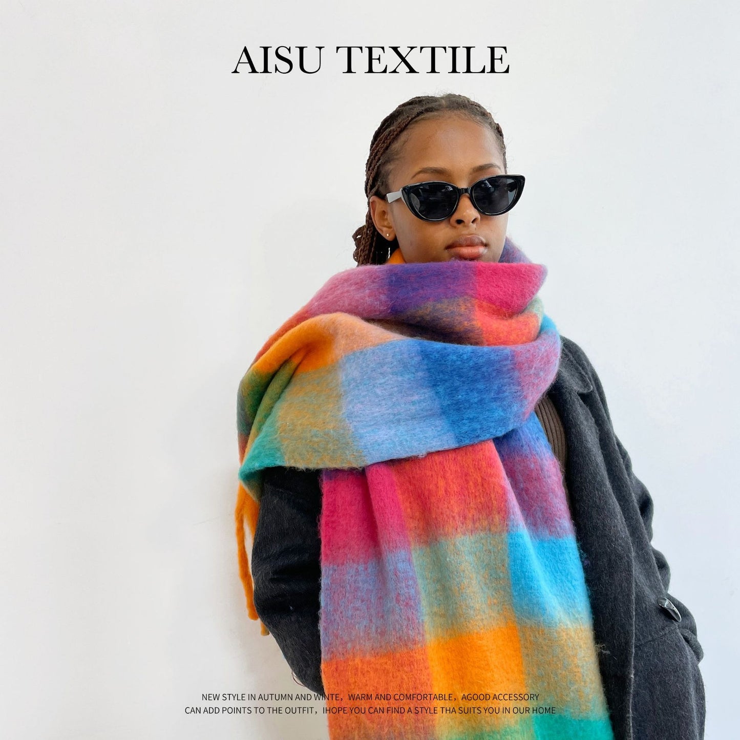 Colorful Plaid Mohair Scarf - Women's Winter Warmth