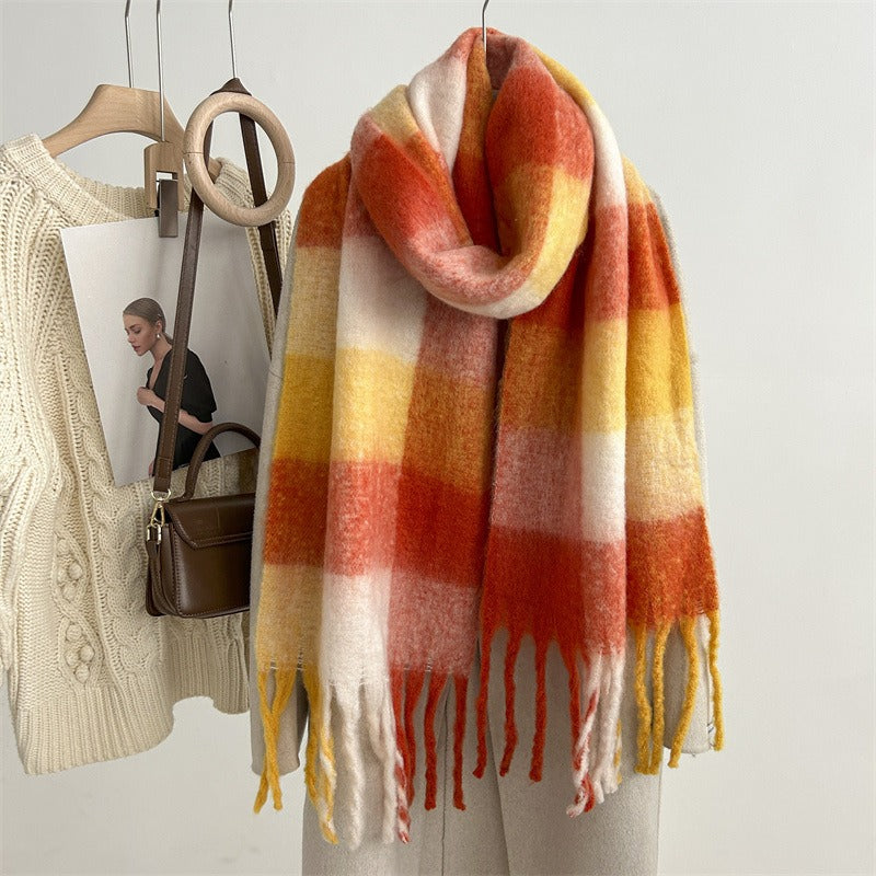 Harajuku-Inspired Mohair Plaid Scarf with Tassels