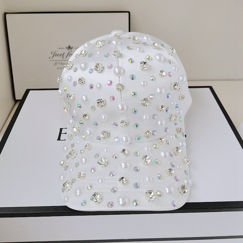 Harajuku Style Rhinestone Pearl Baseball Hat - White Pink