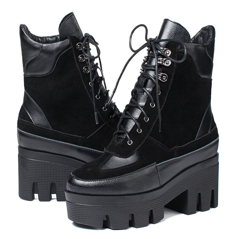 Chunky Platform Cow Leather Ankle Boots for Women